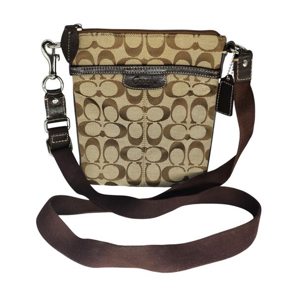 Coach Purse Y2k Brown Canvas Leather Crossbody Small 2000s Signature Brown Tan - Picture 1 of 12